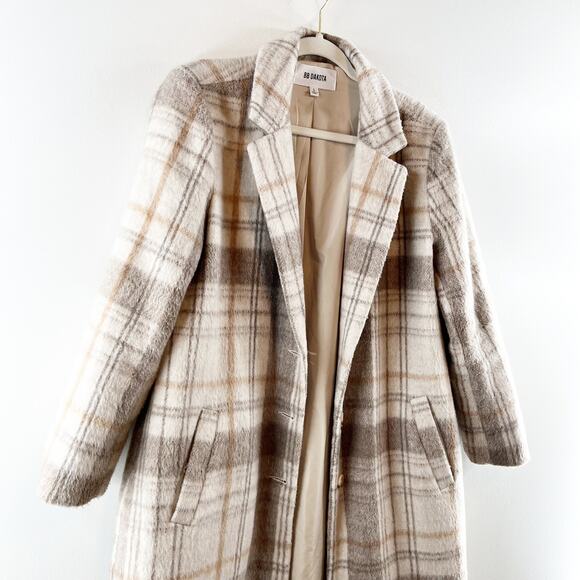 BB Dakota Plaid To Be Said Long Sleeve Notch Lapel Overcoat Peacoat Tan Large - Picture 9 of 11